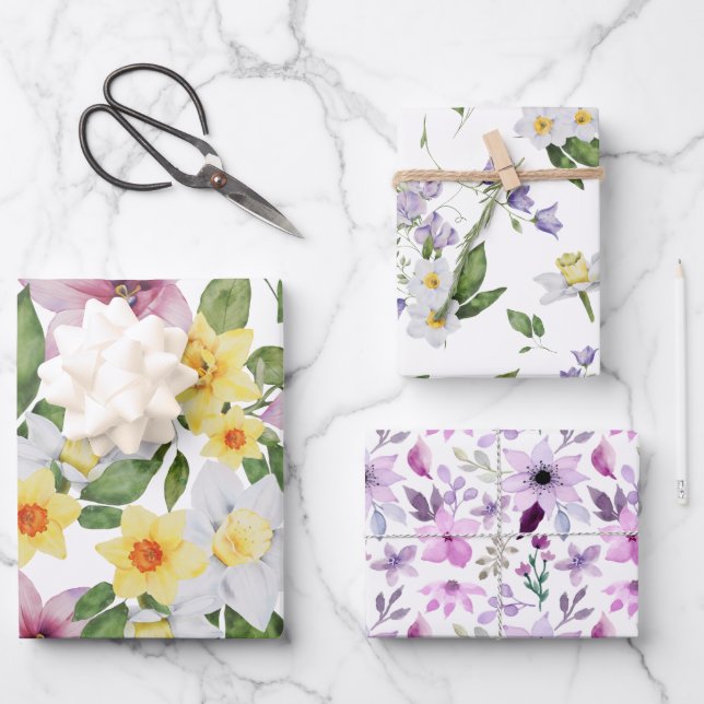 Purple Yellow White Green Floral Greenery For her Wrapping Paper Sheet (Front)