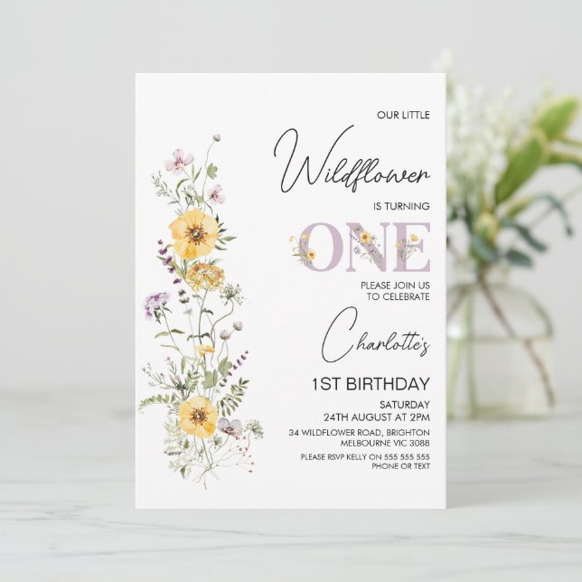 Purple Yellow Wildflowers Bouquet 1st Birthday Invitation (Standing Front)