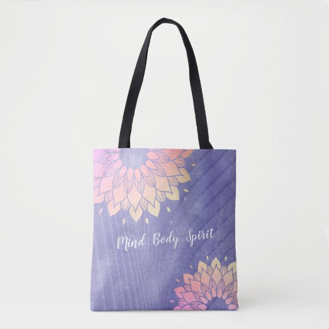 Purple Yoga Instructor Rose Gold Mandala Tote Bag (Front)