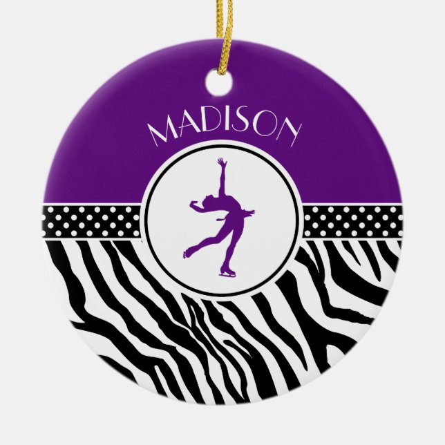 Purple Your Name Zebra Print Figure Skating Ceramic Ornament (Front)