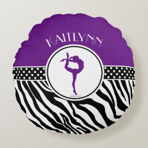 Purple Your Name Zebra Print Gymnastics Round Pillow
