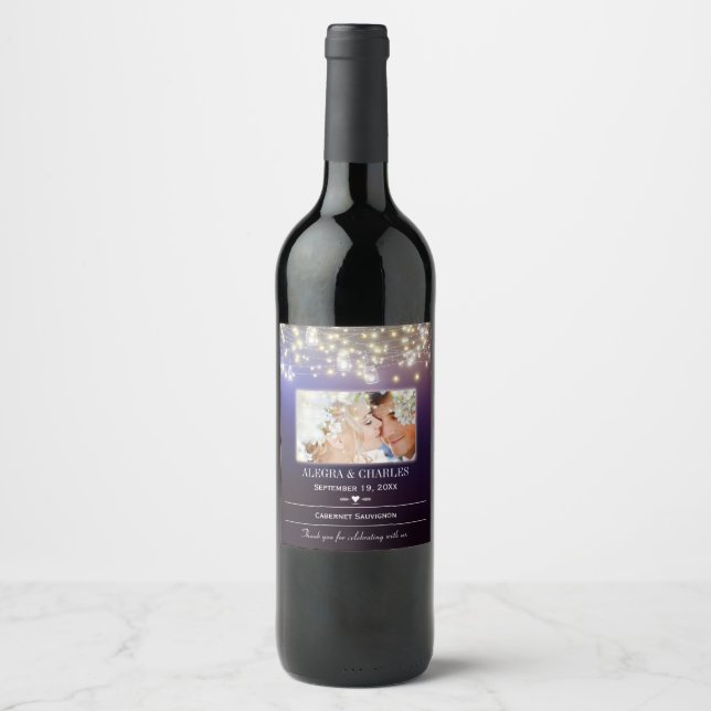 Purple Your Photo Date Names Wedding Wine Label (Front)