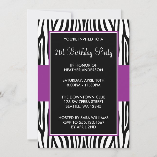 Purple Zebra 21st Birthday Party Invitation (Front)