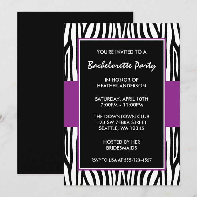 Purple Zebra Bachelorette Party Invitations (Front/Back)