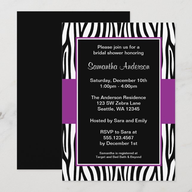 Purple Zebra Bridal Shower Invitation (Front/Back)