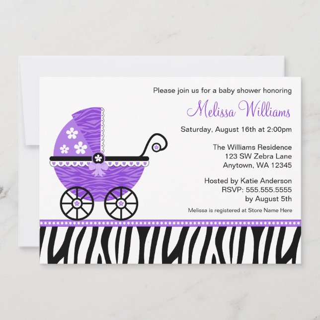 Purple Zebra Carriage Girl Baby Shower Invitations (Front)