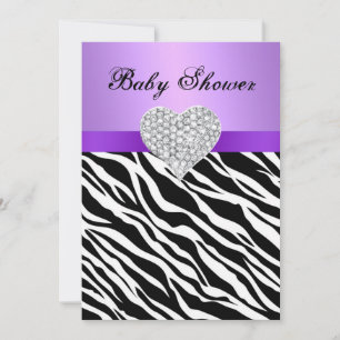 Purple Zebra Diamond Heart Baby Shower Invitation