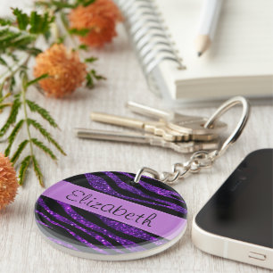 Purple Zebra, Glitter Zebra, Stripes, Your Name Keychain