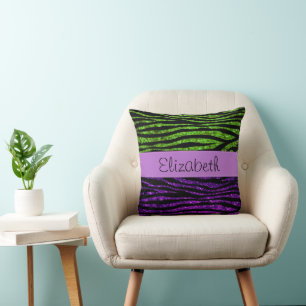 Purple Zebra, Green Zebra, Glitter, Your Name Throw Pillow