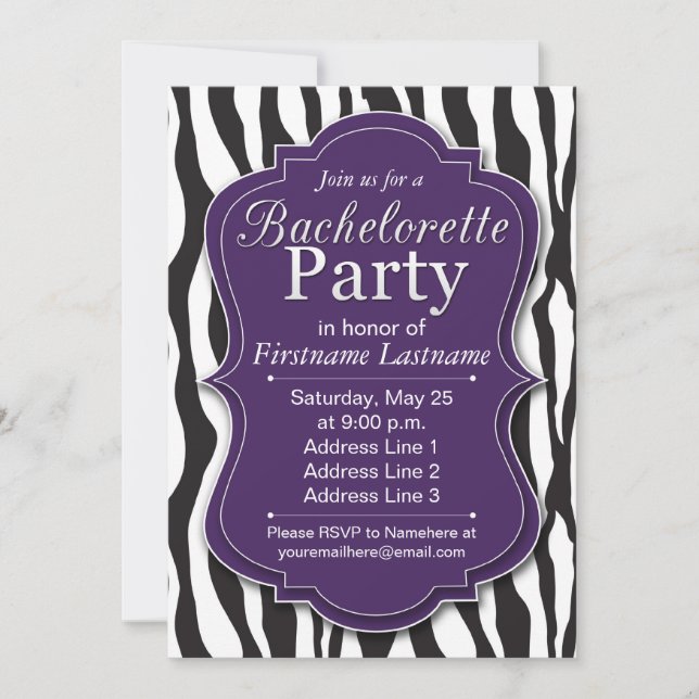 Purple Zebra Imprimer Bachelorette Invitations (Devant)