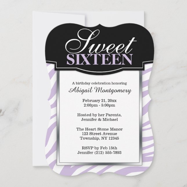 Purple Zebra Imprimer Sweet 16 Invitations Anniver (Devant)