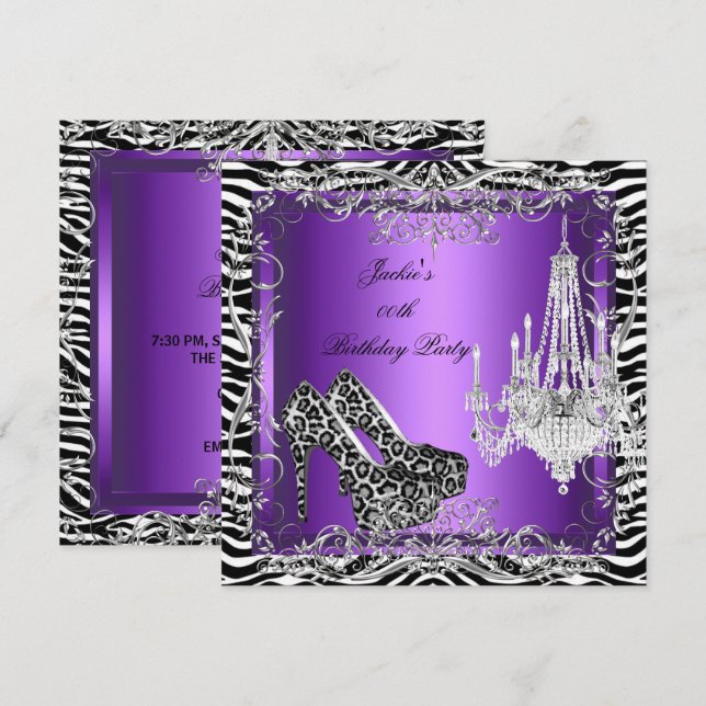 Purple Zebra Leopard Print Party Heels Party Invitation (Front/Back)