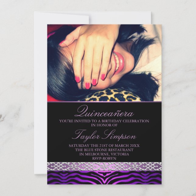 Purple Zebra Print Quinceañera invitation d'annive (Devant)
