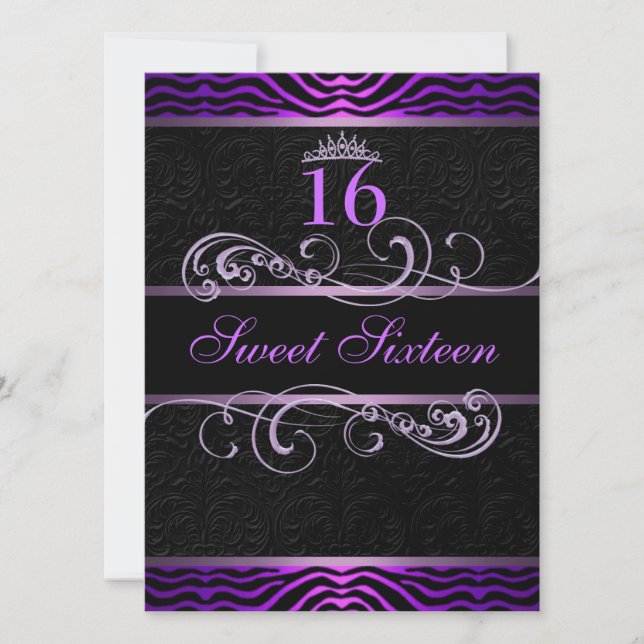 Purple Zebra Print & Swirl Sweet16 Invitation d'an (Devant)