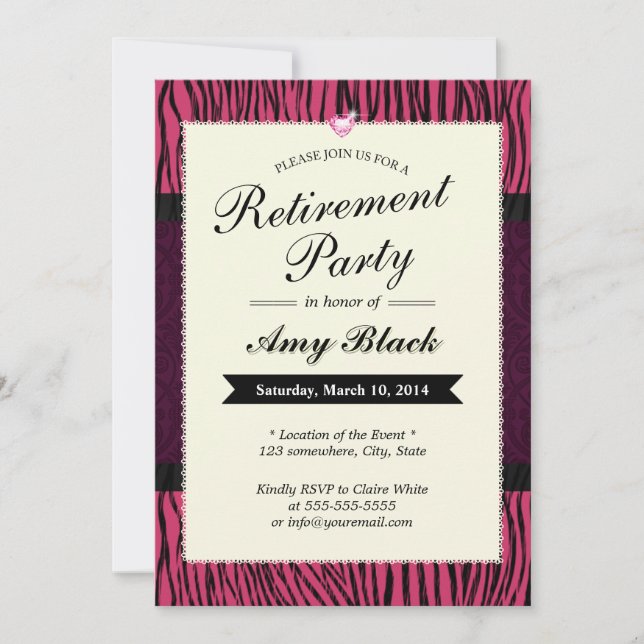 Purple Zebra Stripes Retirement Party Invitations (Front)