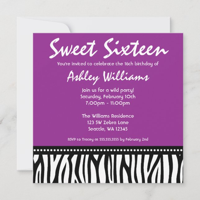 Purple Zebra Sweet 16 Invitation (Front)