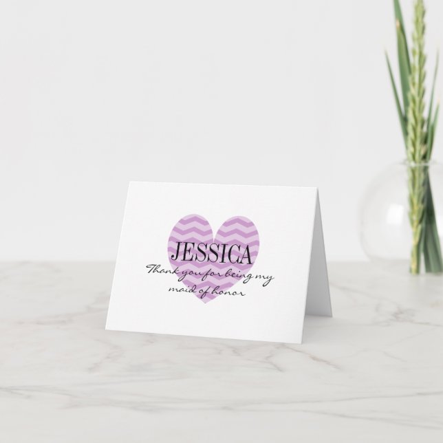 Purple zig zag heart maid of honour thank you card (Front)