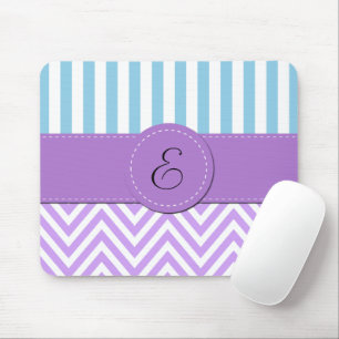 Purple Zigzag, Chevron, Blue Stripes, Monogram Mouse Pad