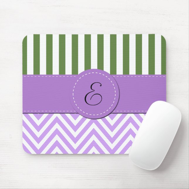 Purple Zigzag, Chevron, Green Stripes, Monogram Mouse Pad (With Mouse)