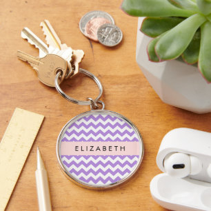 Purple Zigzag, Purple Chevron, Your Name Keychain