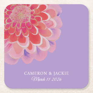 Purple Zinnia Summer Wedding Square Paper Coaster