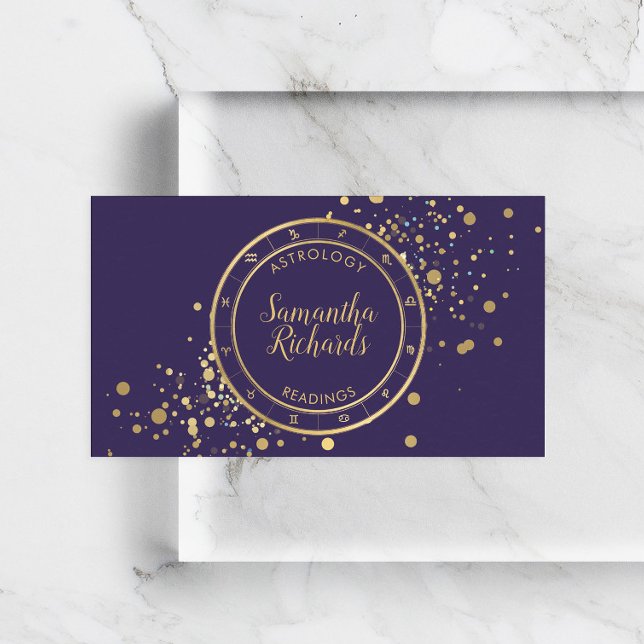 Purple Zodiac Astrology Gold Stars Business Card (Creator Uploaded)
