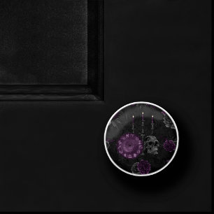 Purple Zodiac Magic   Dark Plum Gothic Skull Roses Ceramic Knob