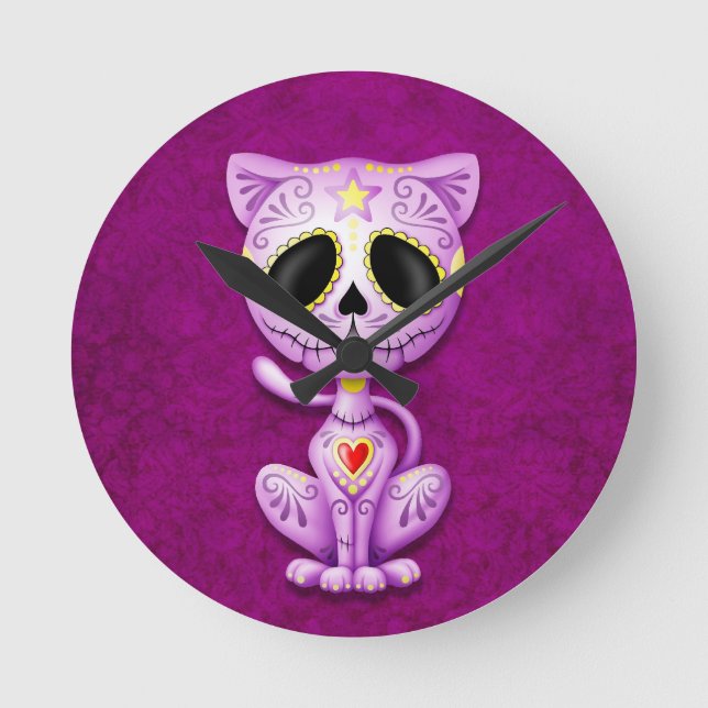 Purple Zombie Sugar Kitten Round Clock (Front)