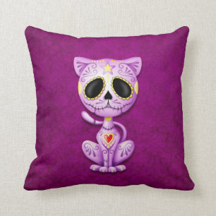 Purple Zombie Sugar Kitten Throw Pillow