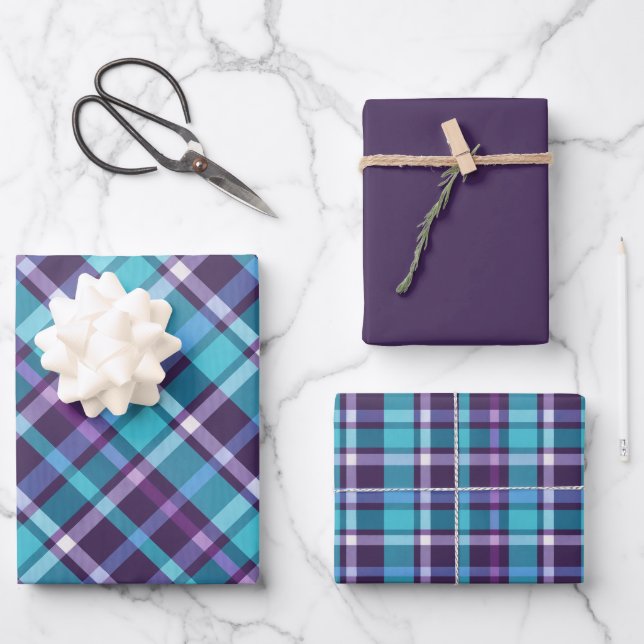 Purples, Teals, Blue & White Plaid Wrapping Paper Sheet (Front)