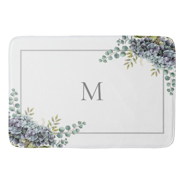 Purplish Hydrangeas Eucalyptus Monogrammed Bath Mat (Front)