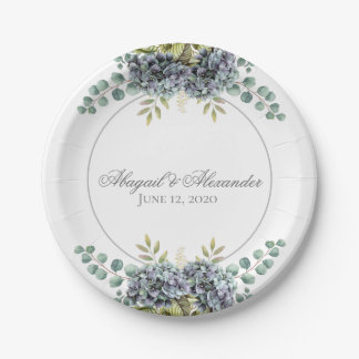 Purplish Hydrangeas Eucalyptus Paper Plate