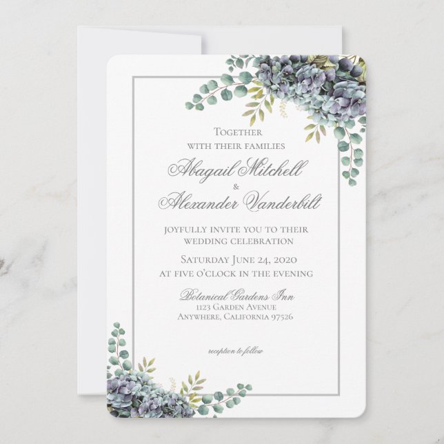 Purplish Hydrangeas Eucalyptus Wedding Invitation (Front)