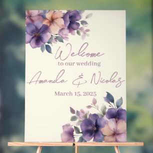 Purply pink flowers on  Wedding Welcome Acrylic Sign