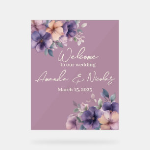 Purply pink flowers on Wedding Welcome  Acrylic Sign