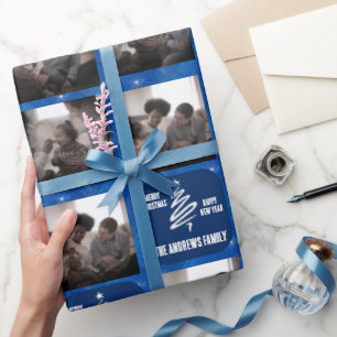 Purpurina geométrico azul de foto familiar de navi wrapping paper