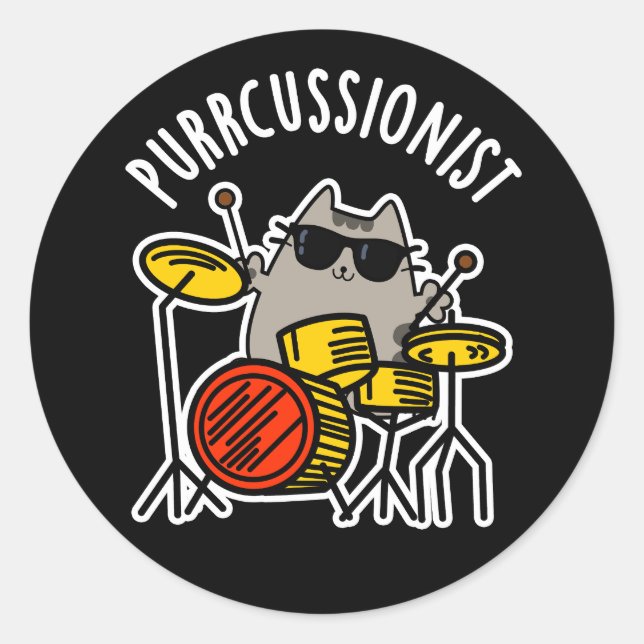 Purr-cussionist Funny Drummer Cat Pun Dark BG Classic Round Sticker (Front)