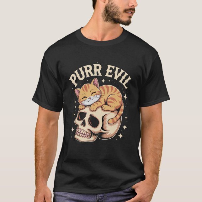 Purr Evil Cat Skull Design, Cute Goth Catcore Aest T-Shirt (Front)