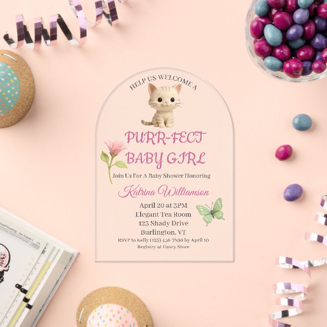 Purr-fect Baby Girl Kitten Baby Shower Acrylic Invitations (Insitu (Celebration))