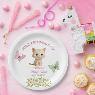 Purr-fect Baby Girl Kitten Baby Shower Paper Plate