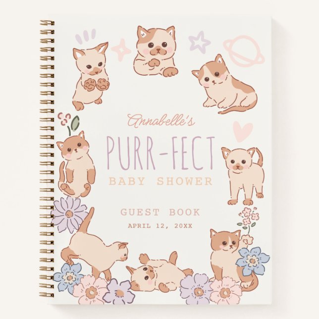 Purr-fect Cute Cats Floral Baby shower Livre d'inv (Devant)