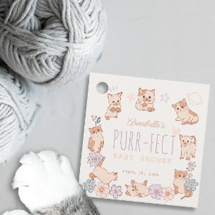 Purr-fect Cute Cats Floral Girl Baby Shower Favour Tags