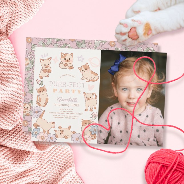 Purr-fect Party Cats Floral 1st Birthday Photo Invitation (Creator Uploaded)