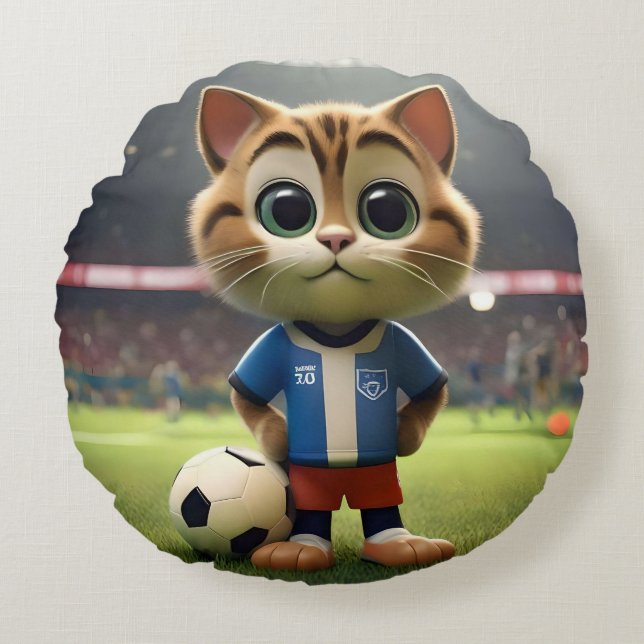 "Purr-fect Striker: The 3D Soccer Cat" Round Pillow (Front)