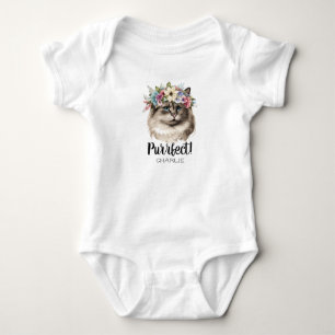Purr-fect Watercolor Cat Funny Pun Monogram Name   Baby Bodysuit