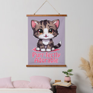 Purr-fectly Adorable Chibi Kawaii Kitten in Pink Hanging Tapestry