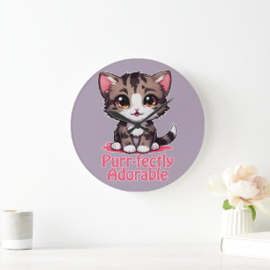 Purr-fectly Adorable Chibi Kawaii Kitten in Pink Large Clock