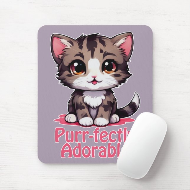 Purr-fectly Adorable Chibi Kawaii Kitten in Pink Mouse Pad (With Mouse)