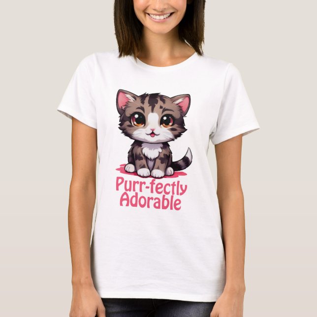 Purr-fectly Adorable Chibi Kawaii Kitten in Pink T-Shirt (Front)