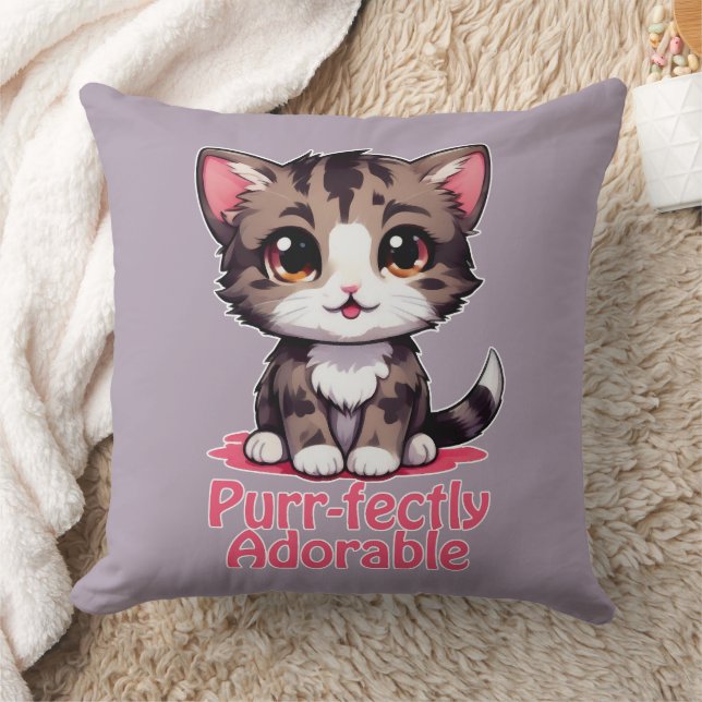 Purr-fectly Adorable Chibi Kawaii Kitten in Pink Throw Pillow (Blanket)